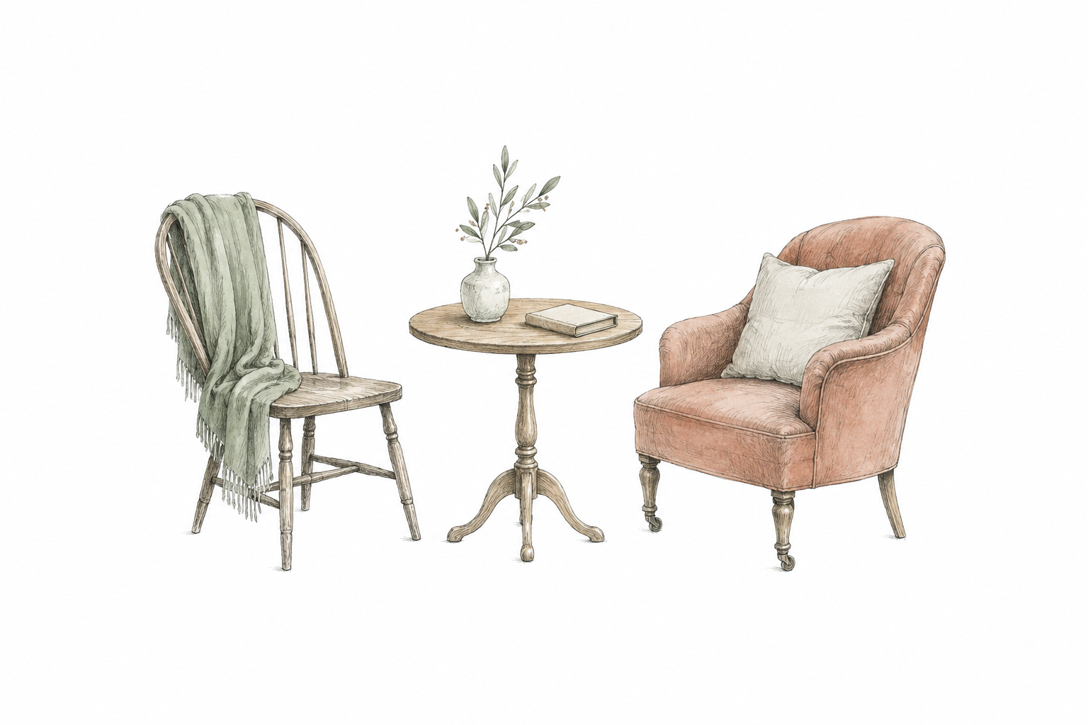 A loose sketch of two empty chairs around a small table